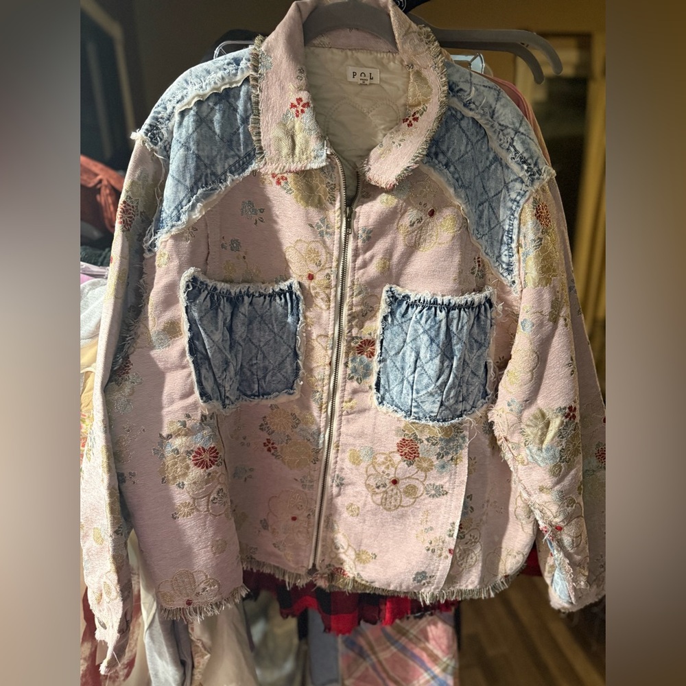 Stunning POL light pink and denim Floral Patchwork Jacket with floral Accents.